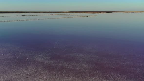 Beautiful top view of the salty, pink lake. Beautiful pink sunrise alt