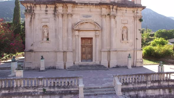 Stone Facade of the Church of the Our Lady Birth with Statues and Stairs alt