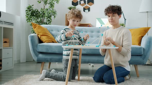 Mother and Creative Son Playing Game Together at Home alt