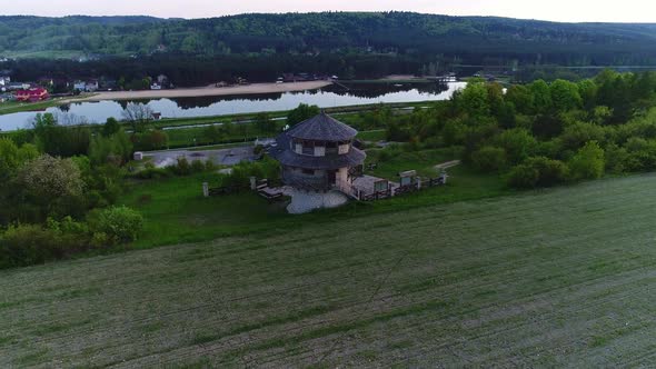 Tourist European City. Beautiful Valley, Lake, Long Beach, Forest, Wooden Pier alt