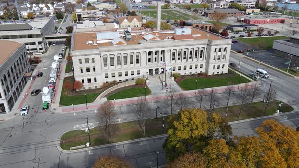 Aerial view Kenosha County, Wisconsin, Court House, on clear blue day. Autumn foliage glowing.