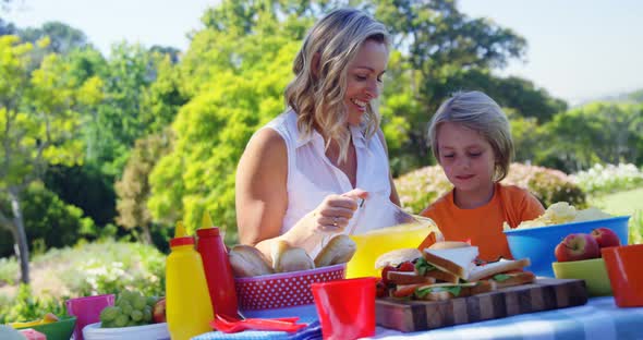 Happy mother pour orange juice to her son in park 4k alt