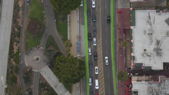 AERIAL: Birds Eye View of Santa Monica Pier, Los Angeles Intersection and Pacific Coast Highway PCH alt