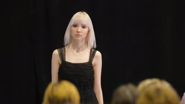 White Albino Hair Girl Moving on Runway Catwalk Podium alt
