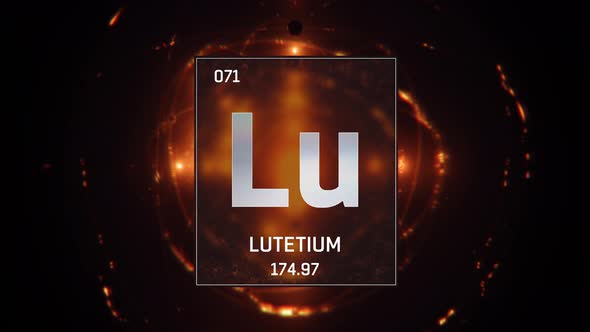 Lutetium as Element 71 of the Periodic Table on Orange Background in English Language