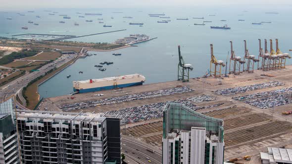 Port Singapore with Containers Terminals and Merchat Ships in the Bay Timelapse alt