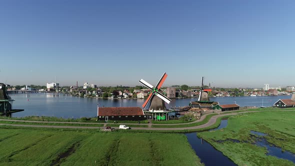Aerial 4K footage of windmills of Zaanse Schans in Amsterdam, Netherlands