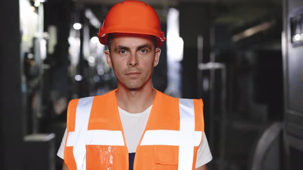 Portrait Male Inspection Person in Protective Hardhat Wear