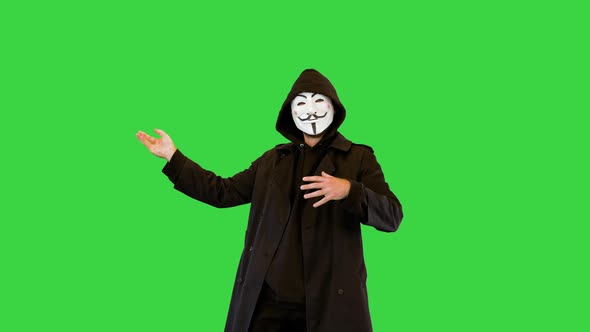 Funny Hacker Man in Anonymous Costume Throwing Away Hat Start Winner Dance After Successful Fraud on