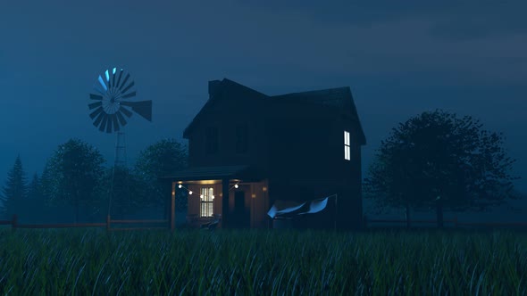 Ufo hangs above the wooden building and shoots a bright light beam. Render 4k alt