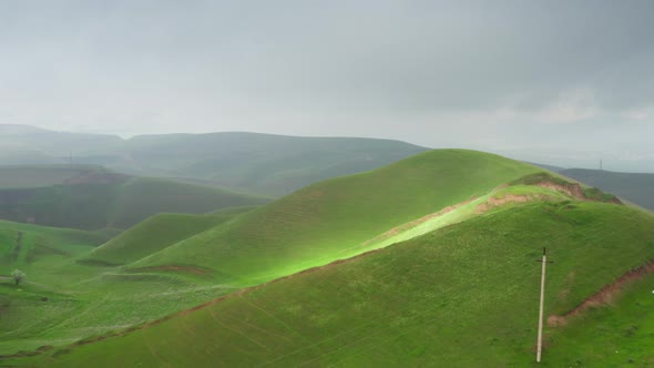 A Bright Hill with Green Grass in Foggy Cloudy Weather with a Patch of Sunlight and Electric