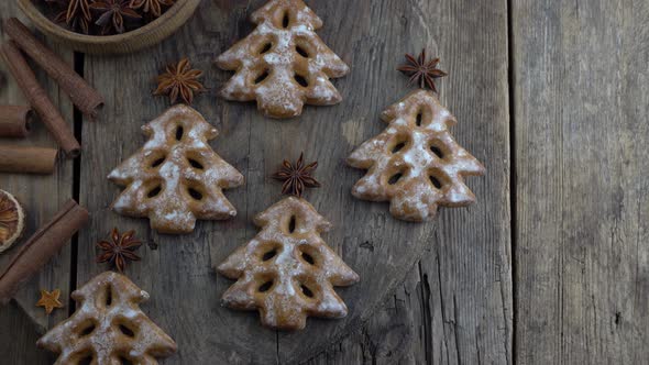 Christmas Tree Cookies on Wooden Background alt
