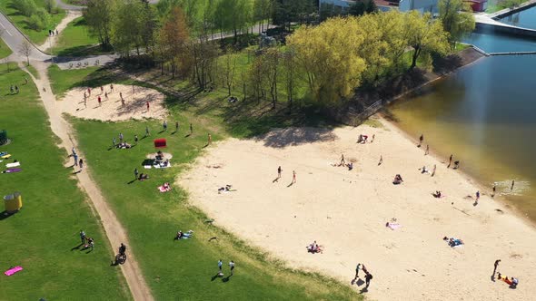 View From the Height of the Beach and Vacationing People in Drozdy in Minsk