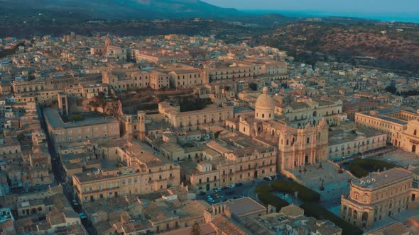 Drone shot of Noto Baroque old town in Island of Sicily Italy 4K