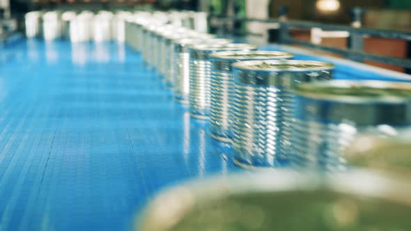 Tin Cans are Moving in Line Along the Conveyor alt