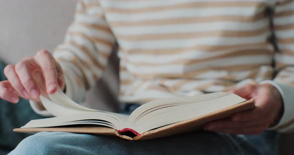 Young Woman Reading Book in Cozy Living Room Turning Page Learning Studying Education Read Books alt