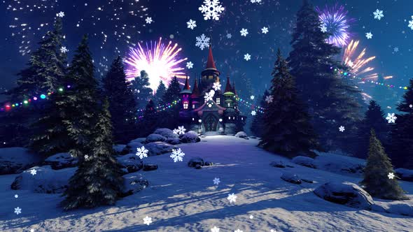 Castle, Snowfall And Fireworks