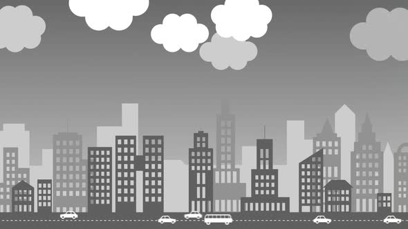 The gray, polluted cityscape is changing into a green, eco-friendly city. alt