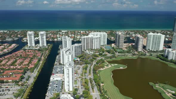 Beautiful Miami Beach Aerial View with Golf Course and Water Channels,  Aerial alt