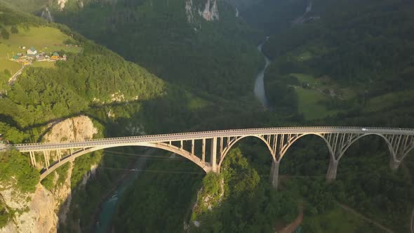 Djurdjevic Bridge Over the Tara River in Northern Montenegro. Aerial Footage