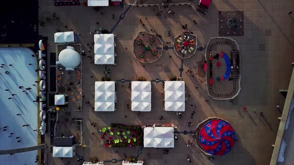 Flying Over a Winter Fair with People Skating at Toronto City Hall, Wide Aerial Dolly alt