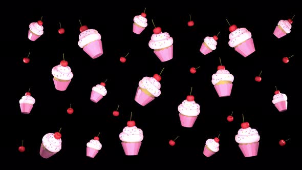 3d cupcakes and cherries on black background animation