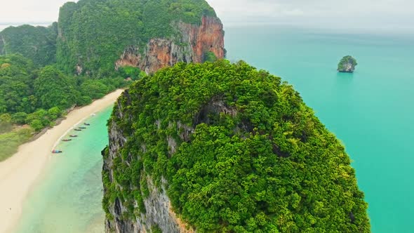 Aerial View of Tropical Sea Beach and Rocky Islands, Thailand