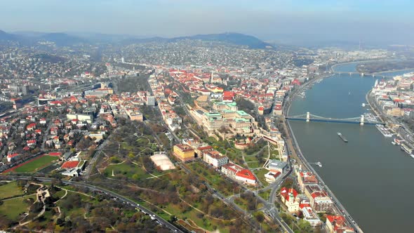 Beautiful morning flight over Budapest. Top view of the royal palace of the Habsburgs alt