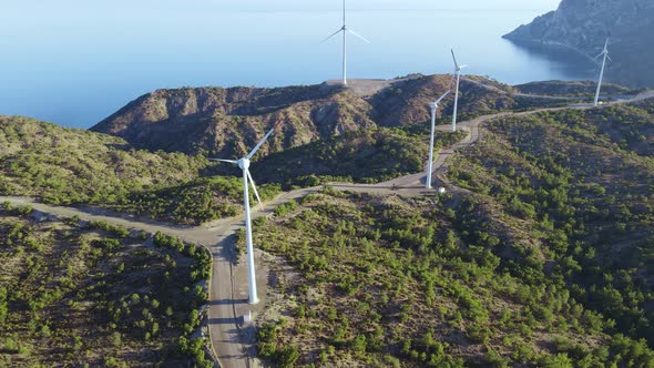 Wind Turbines in Windless Conditions in Wind Power Farm alt