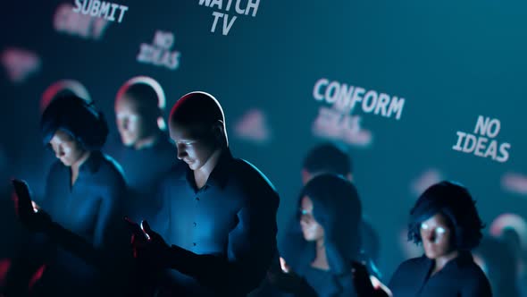 People hypnotized by their mobiles walk in the dark. Zombie walk.  Mind control alt