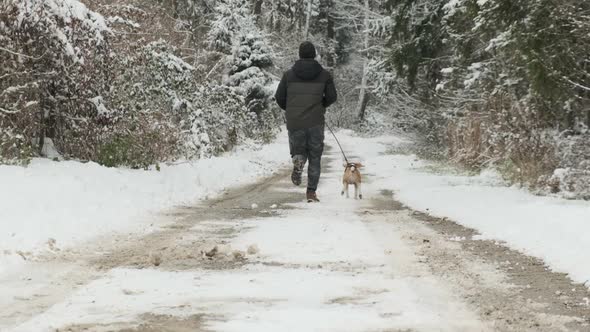 Man Runs with a Dog in Winter Into Forest alt