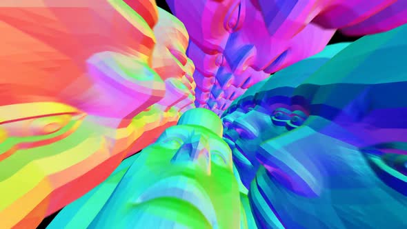 Lowpoly rainbow head in a tunnel of faces
