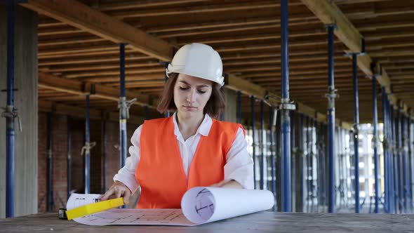 Architect working, browsing building project indoor of construction site with blueprint plan alt