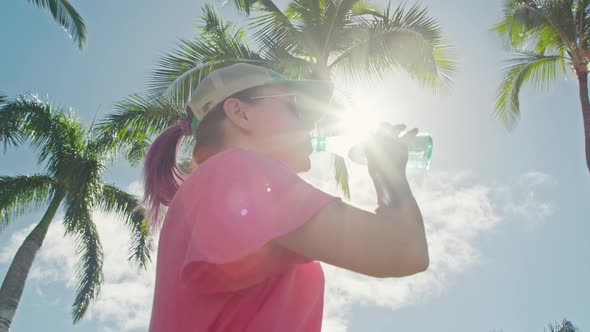 Thirsty Smiling 30s Woman in Beach Park Starting New Day Healthy Life Habit alt