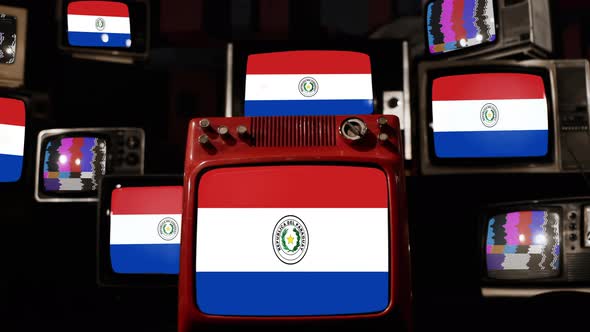 Flag of Paraguay on Retro TVs. 4K.