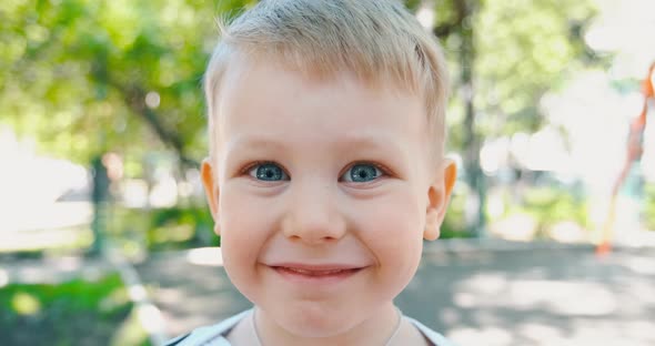 Portrait of small boy looking at camera, laughing and smiling. Cute blue-eyed child, happy childhood alt