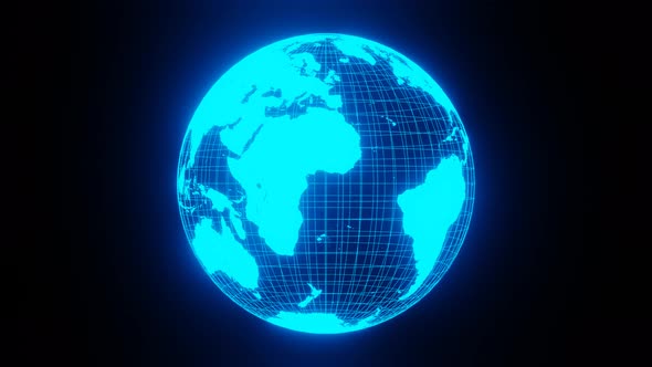 Hologram of Rotating Neon Blue Wireframe Planet Earth