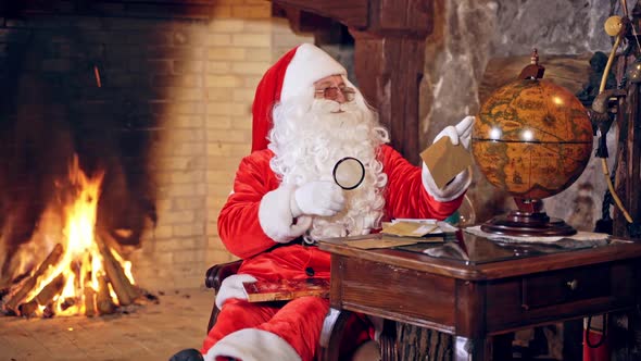 Santa Claus is sitting in specially decorated room at the table alt