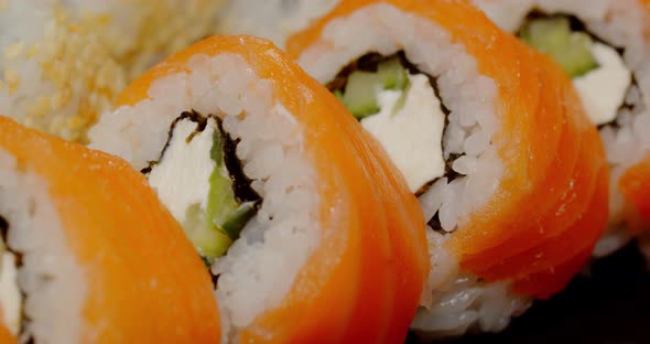 Sushi. Rolls With Different Fillings Inside. Japanese Cuisine