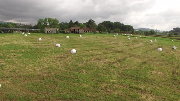Field with haystacks. Haystacks on sloping field alt