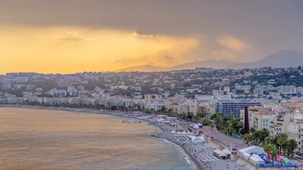 Sunset Over Nice City and Mediterranean Sea Aerial Timelapse alt