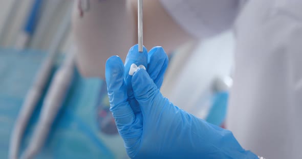 Hands of a Dentist in Medical Gloves Work with Dental Implants and Crowns in a Medical Office alt