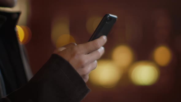 Man Hands Texting on Phone on Street, Unrecognizable Guy Writing Message Phone alt