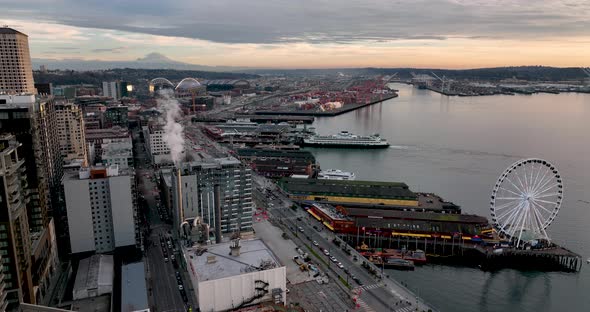 Aerial View Seattle Washington Great Wheel Clear Summer Day 4K UHD