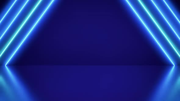 Neon Diagonal Blue Video reflective floor background. 4K video loop.