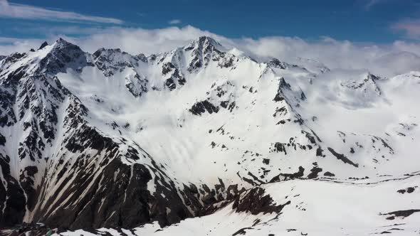Aerial View from an drone of Beautiful Snowy Caucasus Mountain Landscape in Winter