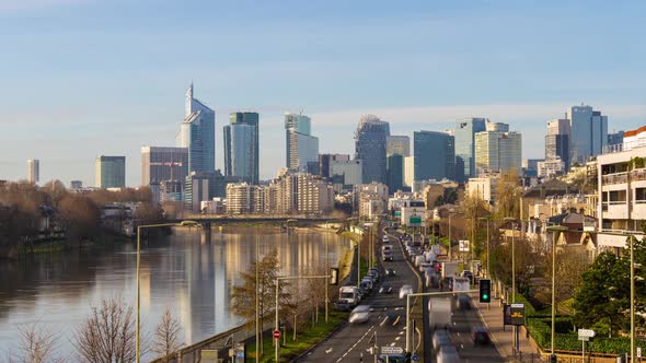 La Defense Business District at Day with Clouds, Seine River, Traffic Highway alt