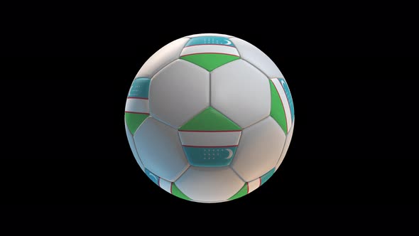 Soccer ball with flag Uzbekistan, on black background loop alpha