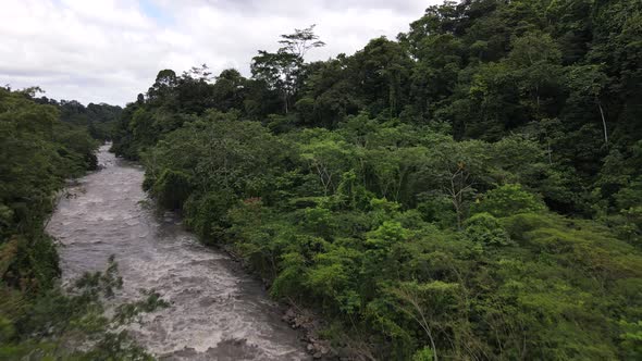 Rio Peñas Blancas captured from above. Brown river meandering through the thick and vast rainforests alt