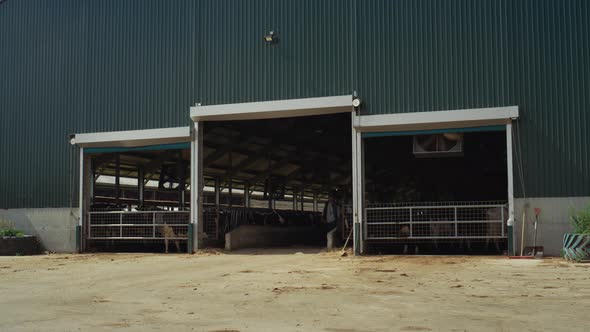 Dairy Farm Worker Walking Out Modern Manufacture Facility at Countryside Alone alt